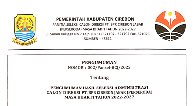 Pengumuman Hasil Seleksi Administrasi Calon Direksi PT. BPR Cirebon Jabar (PERSERODA) Masa Bhakti Tahun 2022-2027